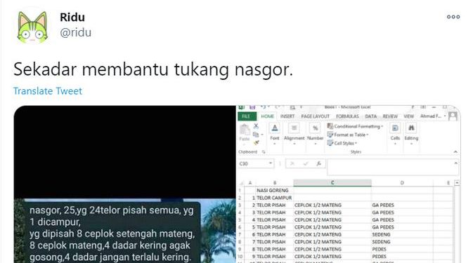 Kisah Terciptanya Kicauan Viral Pesanan Nasi Goreng Menggunakan Tabel Excel