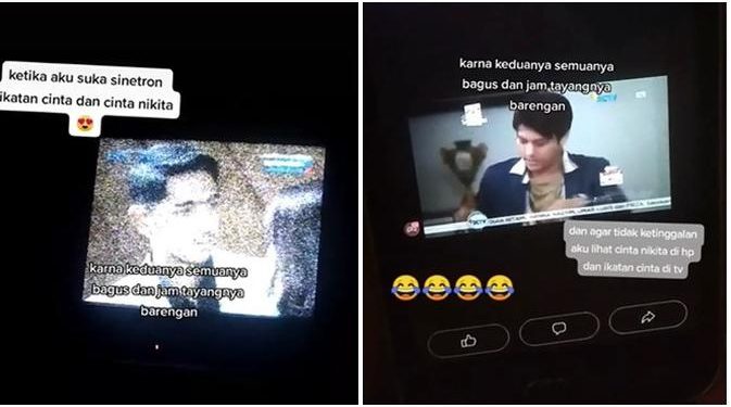 Tak Ingin Ketinggalan, Wanita Ini Nonton Dua Sinetron Sekaligus di HP dan Televisi