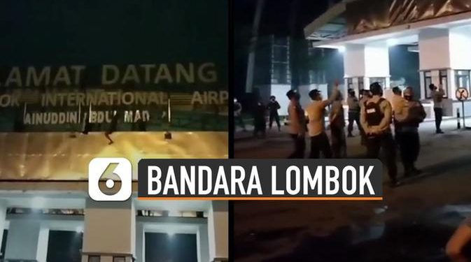 VIDEO: Viral Warga Panjat dan Rusak Papan Nama Bandara Lombok