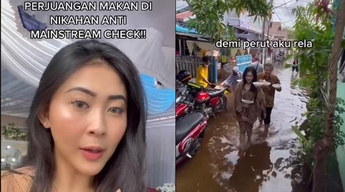Viral Perjuangan Makan di Resepsi Pernikahan saat Banjir, Curi Perhatian Warganet