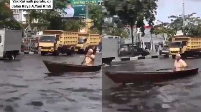Viral Pria Naik Perahu di Jalan Raya saat Banjir di Kalimantan Selatan, Jadi Sorotan