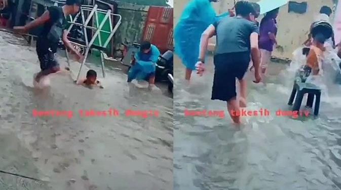 Jadikan Wahana Hiburan, Aksi Warga Main Benteng Takeshi saat Banjir Ini Viral